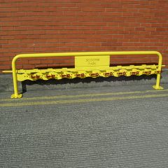 Double sided scooter rack with locking bar