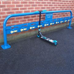 Single sided scooter rack with locking bar