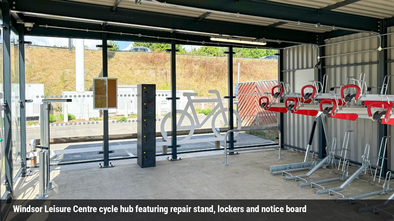 windsor cycle hub featuring repair stand lockers and notice board