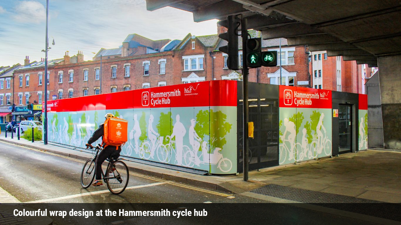 colourful wrap design at hammersmith cycle hub