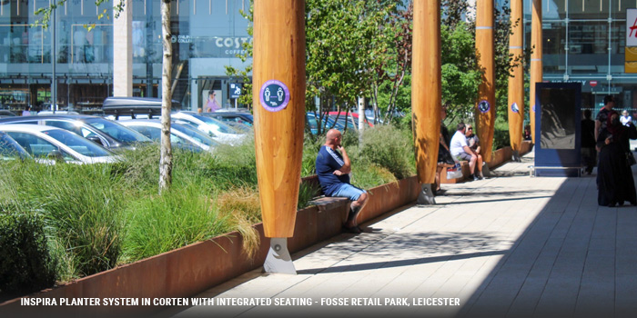 Inspria Planter and edging system with integrated seating at Fosse Retail Park, Leicester